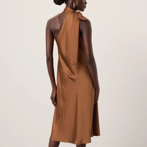 Lauren Ralph Lauren Brown Silk Tie Neck Dress Satin charmeuse brings a lustrous - Picture 3 of 11